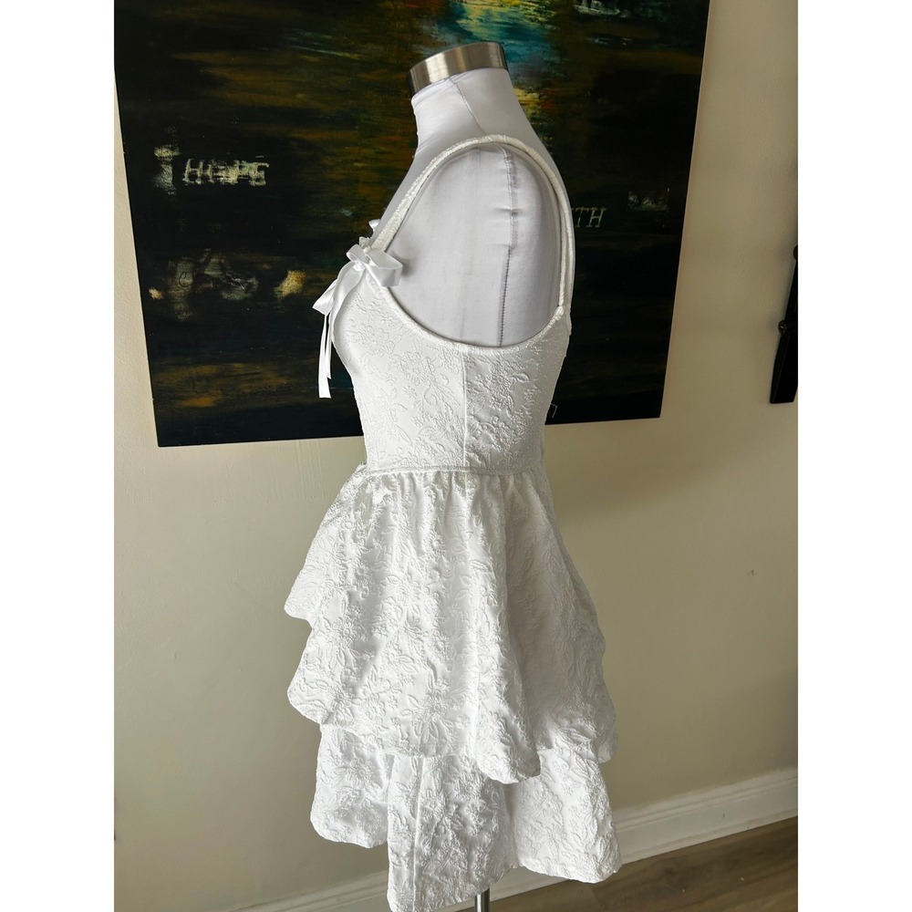 Francescas Mini Dress Medium White Tiered Ruffle Jacquard Corset Bodice - Picture 4 of 5